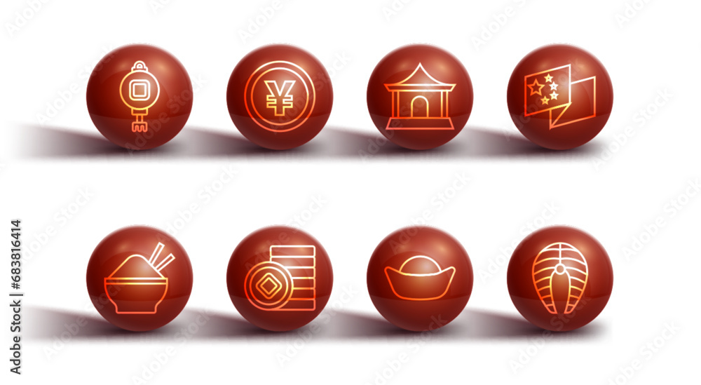 Set line Chinese paper lantern, Rice bowl with chopstick, China flag, Sushi, Yuan currency, Fish steak and house icon. Vector Set line Chinese paper lantern, Rice bowl with chopstick, China flag, Sushi, Yuan currency, Fish steak and house icon. Vector