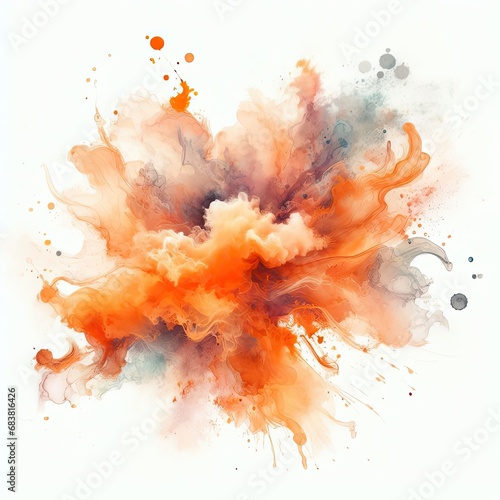 Abstract colorful ink paint splash, splatter brush strokes, orange watercolor powder explosion, smoke paint effect, stain grunge isolated on white background