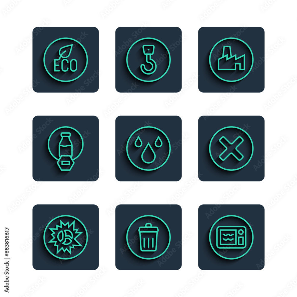 Set line Bomb explosion, Trash can, Microwave oven, Factory production, Water drop, Lactose free, Leaf Eco symbol and X Mark, Cross in circle icon. Vector Set line Bomb explosion, Trash can, Microwave oven, Factory production, Water drop, Lactose free, Leaf Eco symbol and X Mark, Cross in circle icon. Vector