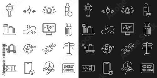 Set line Liquids in carry-on baggage  Road traffic sign  Suitcase  Conveyor belt with suitcase  Escalator up  Scale  Airport control tower and Plane icon. Vector