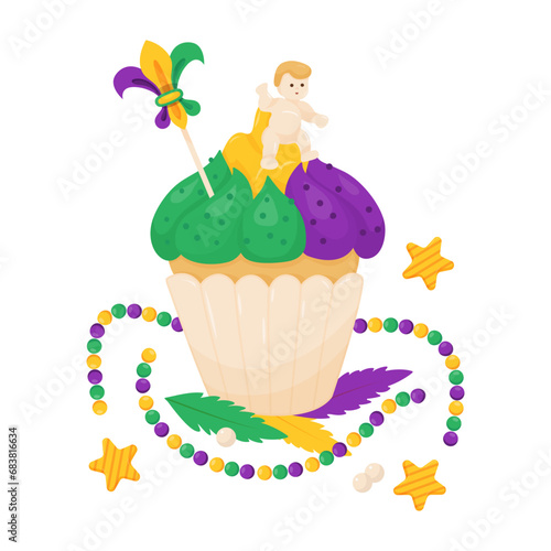 King Cake. Festive sweet cupcake with colorful icing, baby Jesus toy and beads necklaces. Mardi Gras carnival. Vector illustrations in cartoon style.
