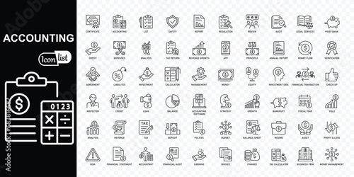 Accounting editable stroke  icons set.  Accountant, financial, business firm tax, statement, calculator, and balance sheet icons .  Vector illustration