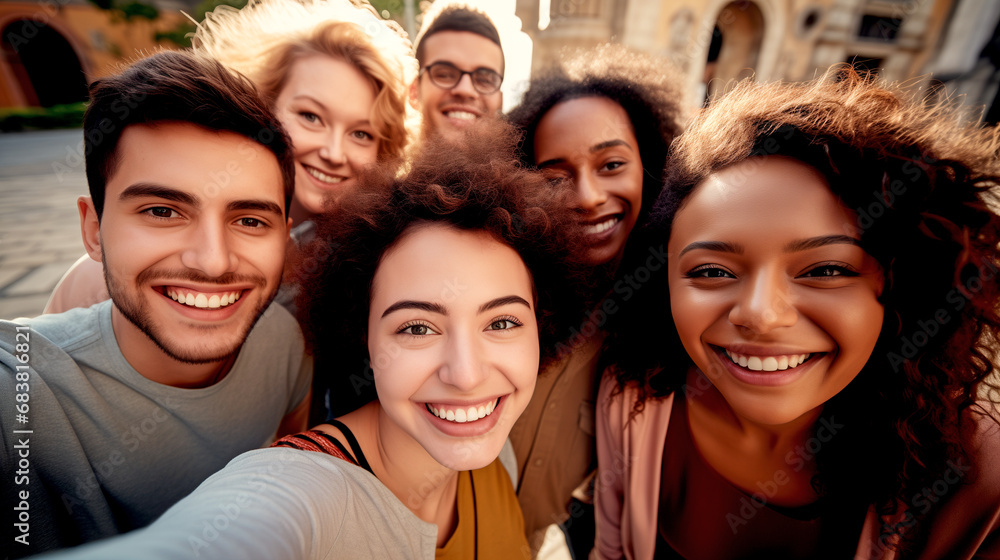 Obraz premium MULTIETHNIC HAPPY GROUP OF YOUNG PEOPLE TAKING SELFIE. legal AI 