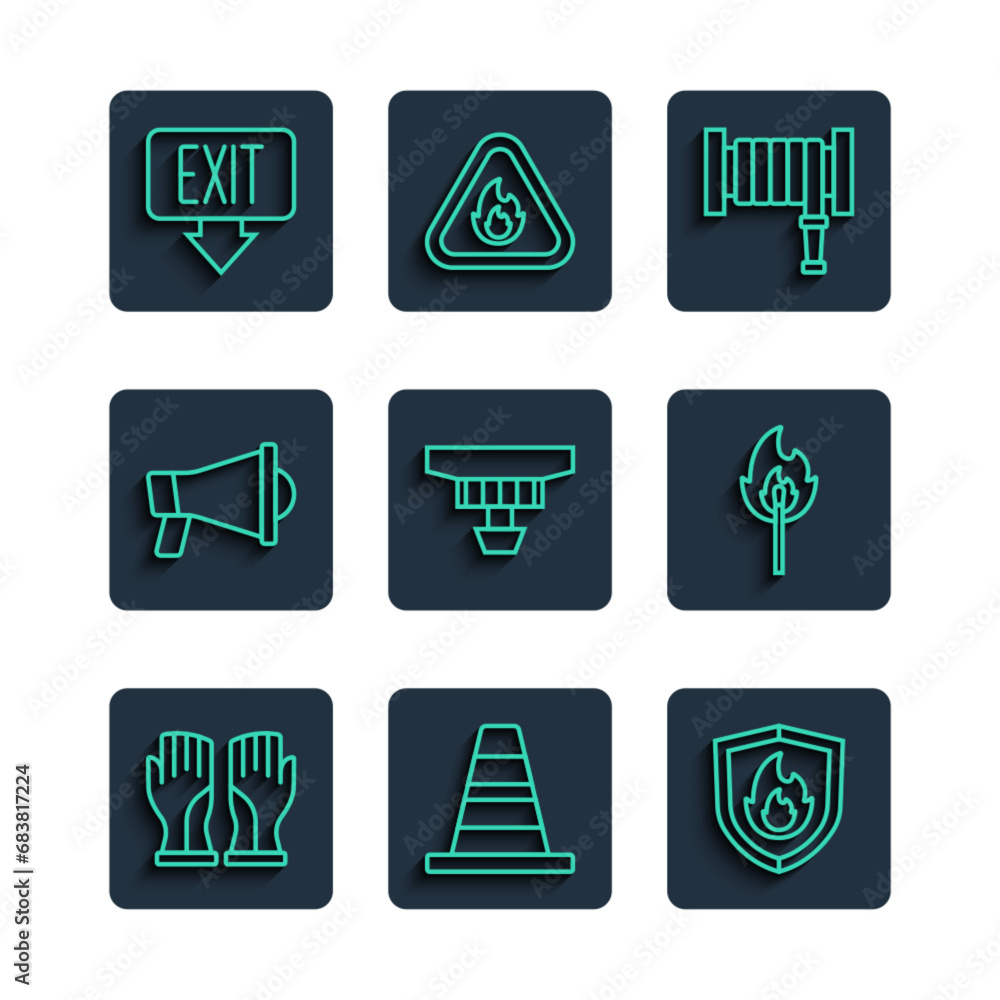 Set line Firefighter gloves, Traffic cone, protection shield, hose reel, Smoke alarm system, Megaphone, exit and Burning match with fire icon. Vector Set line Firefighter gloves, Traffic cone, protection shield, hose reel, Smoke alarm system, Megaphone, exit and Burning match with fire icon. Vector