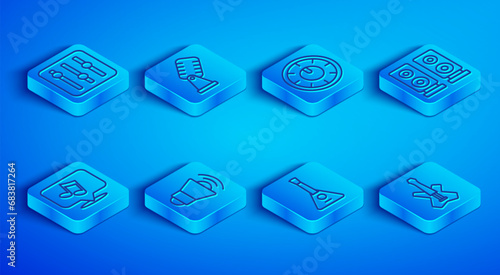 Set line Sound mixer controller, Microphone, Megaphone, Balalaika, Stereo speaker, Music note, tone and Electric bass guitar icon. Vector