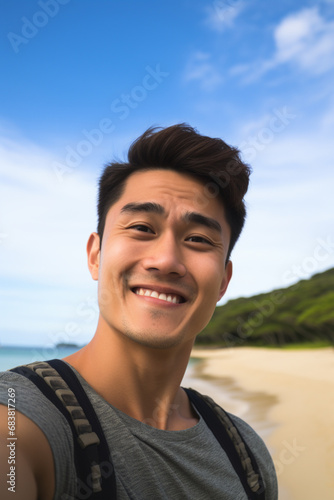 Seaside Solitude: Asian Man's Beach Selfie Radiates Tranquility and Confidence © HADAPI