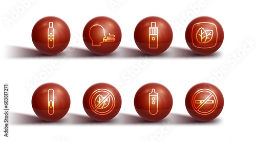 Set line Electronic cigarette, Cigar, Tobacco leaf, No tobacco, Man smoking, and Vape mod device icon. Vector