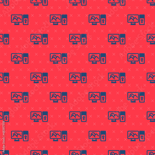 Blue line Photo retouching icon isolated seamless pattern on red background. Photographer, photography, retouch icon. Vector