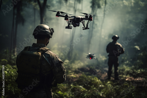 Soldiers are Using Drone for Scouting During Military Operation photo