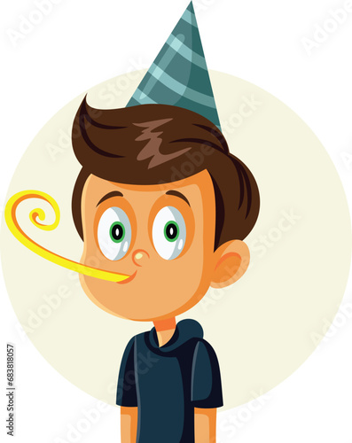 Little Boy Blowing a Party Noisemaker Vector Cartoon Illustration. Cheerful kid feeling excited about the New Year 

