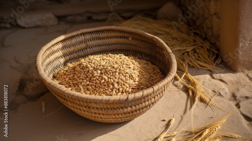 A basket of wheat grains. Traditionally wheat is ground into a fine flour to make tabouna in Berber homes in Tunisia. photo