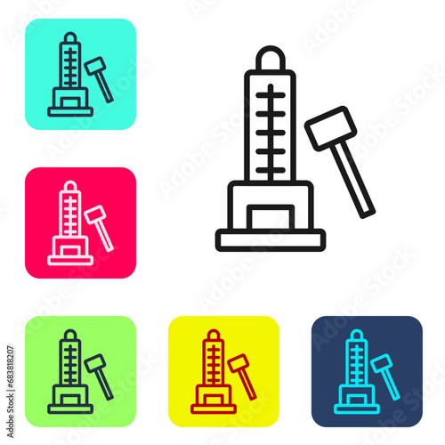 Black line High striker attraction with big hammer icon isolated on white background. Attraction for measuring strength. Amusement park. Set icons in color square buttons. Vector