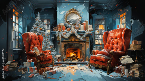 "Yuletide Hearth" An inviting room rich in holiday atmosphere, with plush red armchairs, an adorned Christmas tree, and a roaring fireplace, all evoking the quintessential warmth and comfort of the fe © Thomas
