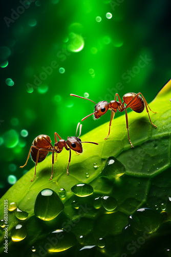 Two ants are standing on green leaf with water droplets. © VISUAL BACKGROUND