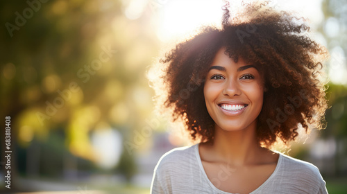Headshot of beautiful smiling African American woman in blurred park photo