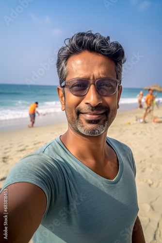 Midlife Serenity: Beachside Selfie of a Calm and Confident Middle-Aged Indian Man