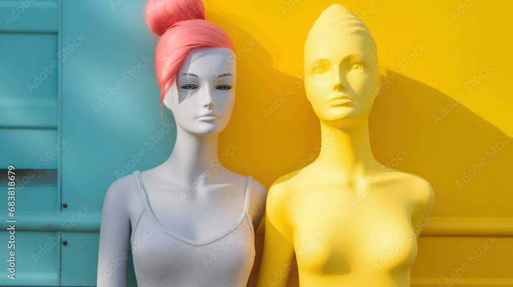 Mannequin doll couple posed affectionately next to each other with unusual facial features and unconventional body types - colorful painted bright vivid colors. Mannequin doll couple posed affectionately next to each other with unusual facial features and unconventional body types - colorful painted bright vivid colors.