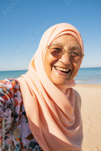Golden Years Bliss: Selfie Photo of an Elderly Arab Muslim Woman Embracing the Beach.