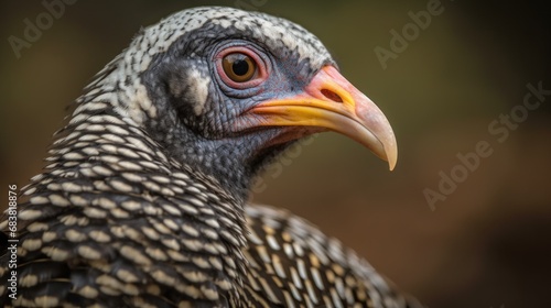 Beautiful close up of the ornate spotted pattern of a helmeted guinea fowl bird taken on safari in Nairobi National Park, Kenya.