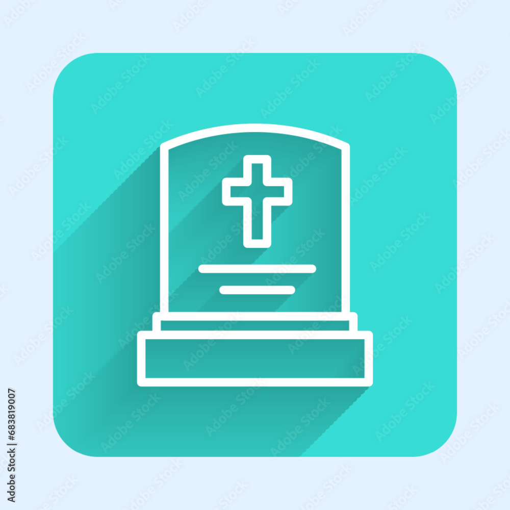 White line Grave with tombstone icon isolated with long shadow background. Green square button. Vector White line Grave with tombstone icon isolated with long shadow background. Green square button. Vector