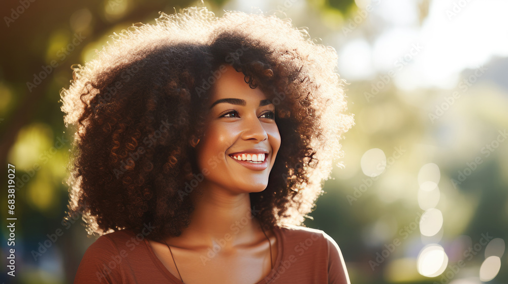 Headshot of beautiful smiling African American woman in blurred park Headshot of beautiful smiling African American woman in blurred park