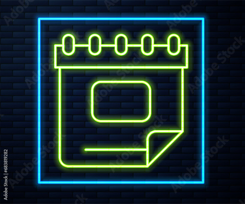 Glowing neon line Calendar icon isolated on brick wall background. Event reminder symbol. Vector