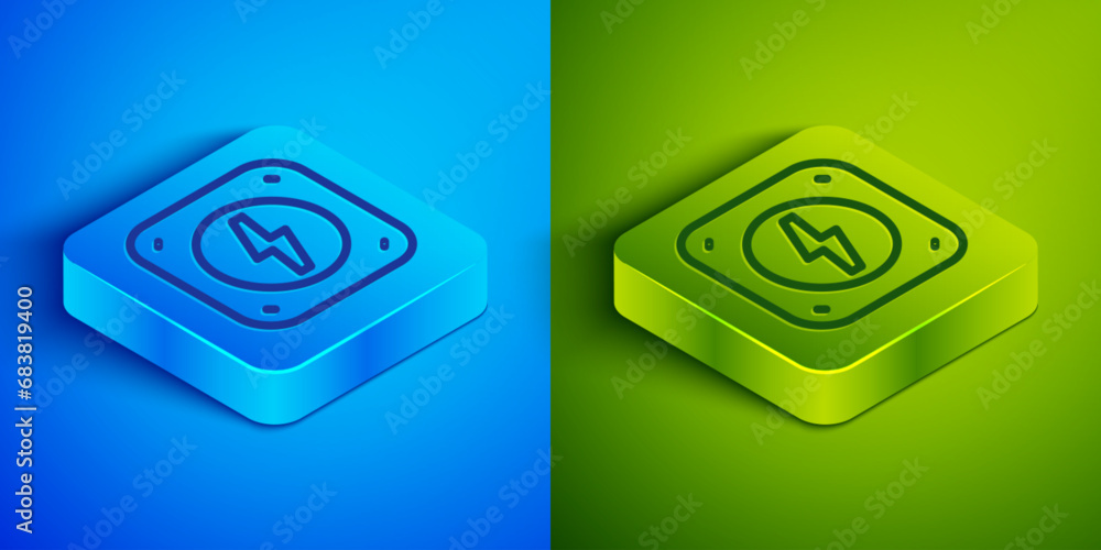 Isometric line Lightning bolt icon isolated on blue and green background. Flash sign. Charge flash icon. Thunder bolt. Lighting strike. Square button. Vector Isometric line Lightning bolt icon isolated on blue and green background. Flash sign. Charge flash icon. Thunder bolt. Lighting strike. Square button. Vector