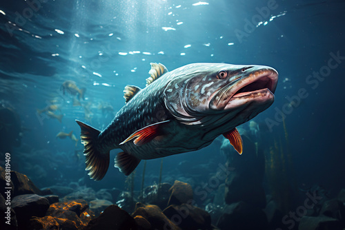 large predatory freshwater fish underwater in river