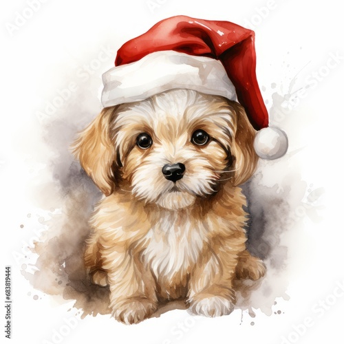 Generative AI. watercolor clipart cute dog, wearing Santa Claus costume.