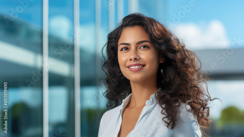 Headshot of beautiful smiling Indian businesswoman against blurred modern office building background