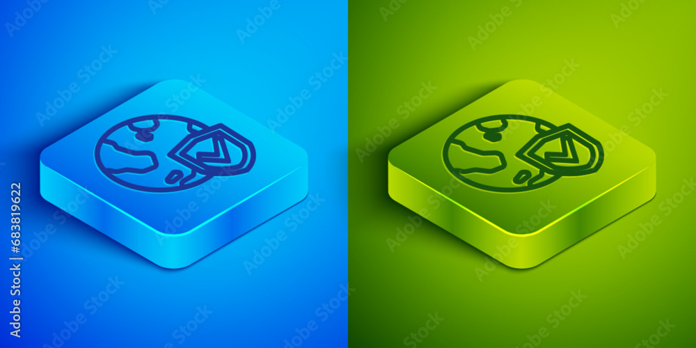 Isometric line Shield with world globe icon isolated on blue and green background. Insurance concept. Security, safety, protection, privacy concept. Square button. Vector Isometric line Shield with world globe icon isolated on blue and green background. Insurance concept. Security, safety, protection, privacy concept. Square button. Vector