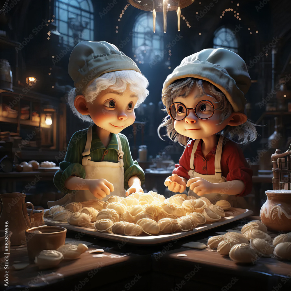 Fantasy bakery scene with cheerful little helpers Fantasy bakery scene with cheerful little helpers