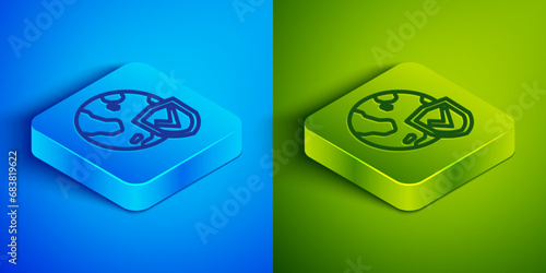 Isometric line Shield with world globe icon isolated on blue and green background. Insurance concept. Security, safety, protection, privacy concept. Square button. Vector