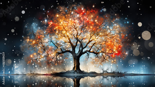 "Stellar Arboretum" A lone, majestic tree stands under a celestial night sky, its leaves a fusion of autumnal colors that seem to echo the stars above, creating a breathtaking blend of earthly beauty 