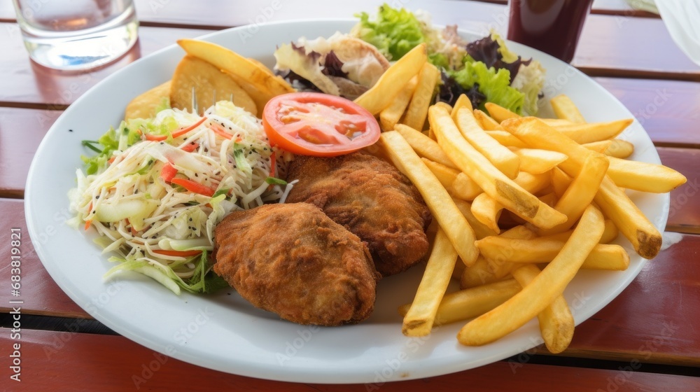 Combination plate in the beach restaurant, pork tenderloin, croquettes, salad and french fries. Combination plate in the beach restaurant, pork tenderloin, croquettes, salad and french fries.