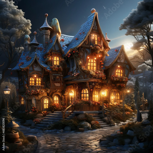 Snow-dusted cottage twinkles with holiday charm © Alexander
