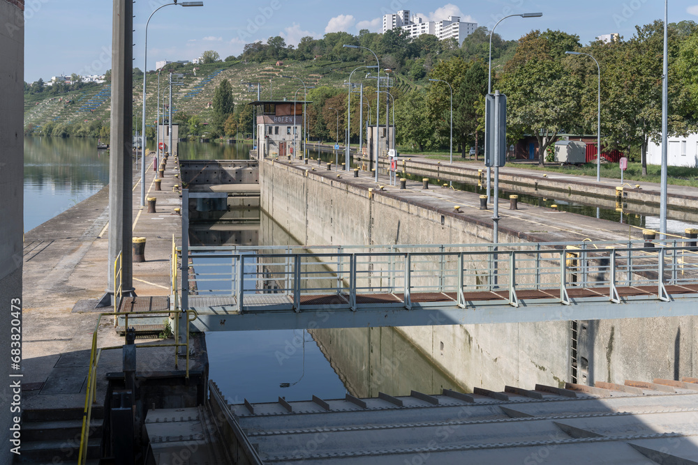 low level lock at Neckar river Hofen dam, Stuttgart, Germany - obrazy, fototapety, plakaty 
