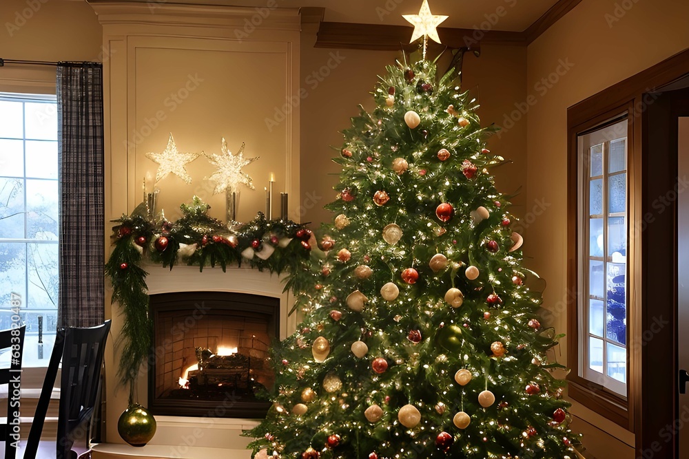 クリスマスの状況を表す、白いライトで照らされた白と金のオーナメントがついたクリスマスツリーの写真で、背景は暖炉と窓のあるリビングルーム