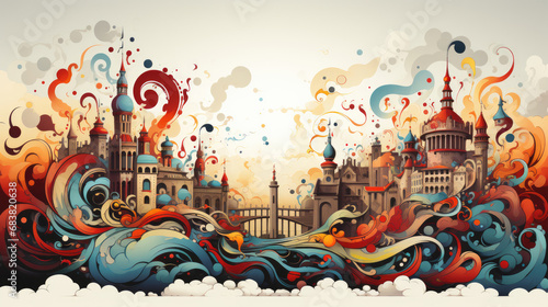 Vector illustration of a big city with colorful clouds and buildings in graffiti style. A colorful vector illustration inspired by Las Fallas, Valencia,