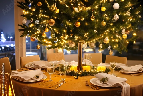 クリスマスの状況を表す、白いライトで照らされた白と金のオーナメントがついたクリスマスツリーの写真で、背景は暖炉と窓のあるリビングルーム photo