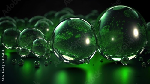 Digital generated image of green drops of liquid or hydrogen molecules inside transparent spheres.