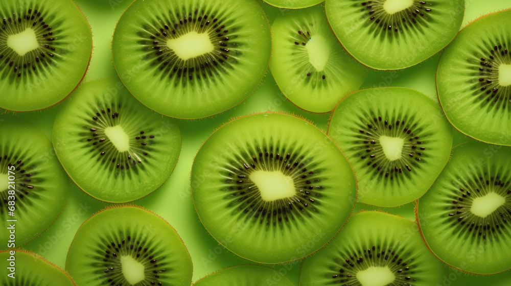 Highlight the natural beauty of a close-up minimalistic background featuring the intricate patterns and textures of a sliced kiwi, for a playful and refreshing vibe. Highlight the natural beauty of a close-up minimalistic background featuring the intricate patterns and textures of a sliced kiwi, for a playful and refreshing vibe.