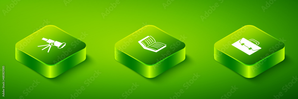 Set Isometric Open book, Briefcase and Telescope icon. Vector Set Isometric Open book, Briefcase and Telescope icon. Vector
