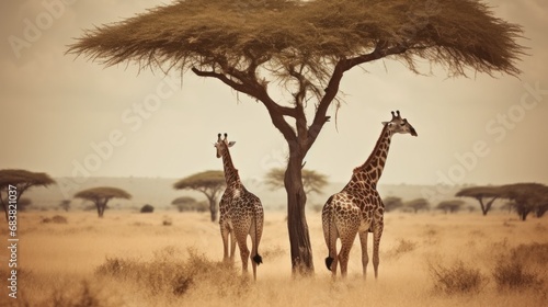 Dreamy scene of two Giraffe looking like a single Giraffe with two heads under an Acacia tree in the Serengeti National Park, Tanzania, Africa.