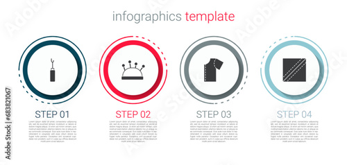 Set Awl tool, Needle bed and needles, Sewing pattern and Textile fabric roll. Business infographic template. Vector