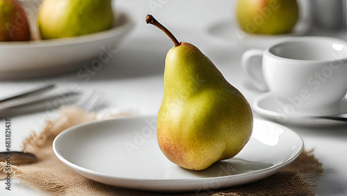 Front view fresh pear in plate with a back cup in the background, Pears fresh sweet organic pears with leaves in plate  old white wooden retro table background 