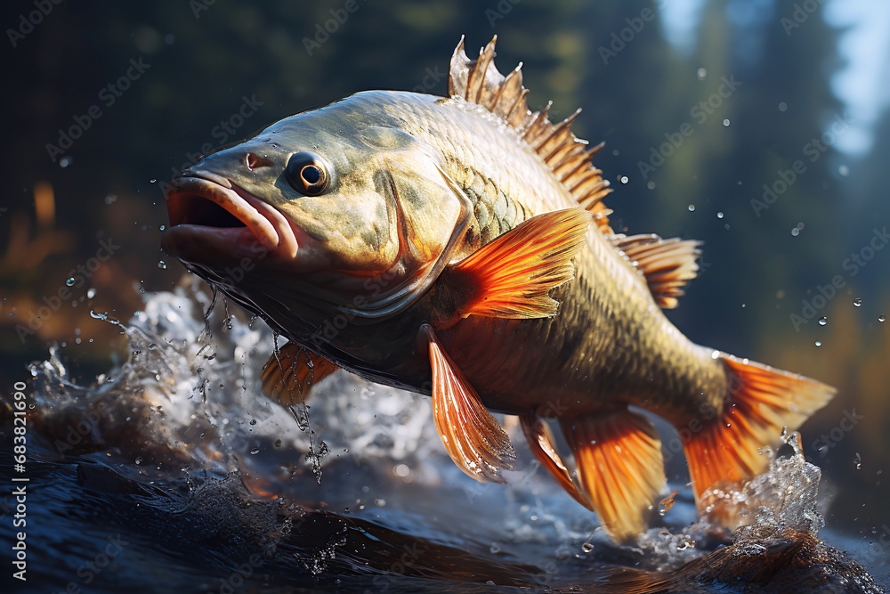 large perch fish jumps out over water of the lake. Predatory fish hunts in the river - obrazy, fototapety, plakaty 
