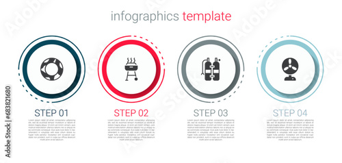 Set Rubber swimming ring, Barbecue grill, Aqualung and Electric fan. Business infographic template. Vector