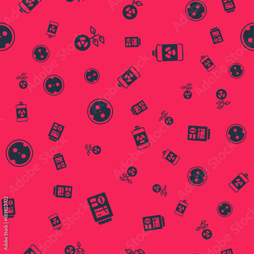 Set Dosimeter, Radioactive, Electrical outlet and Nuclear energy battery on seamless pattern. Vector