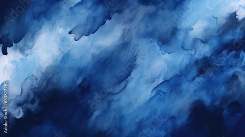 Chaotic brush strokes in black and navy blue create an abstract watercolor background, resembling a dramatic, stormy sky with clouds.